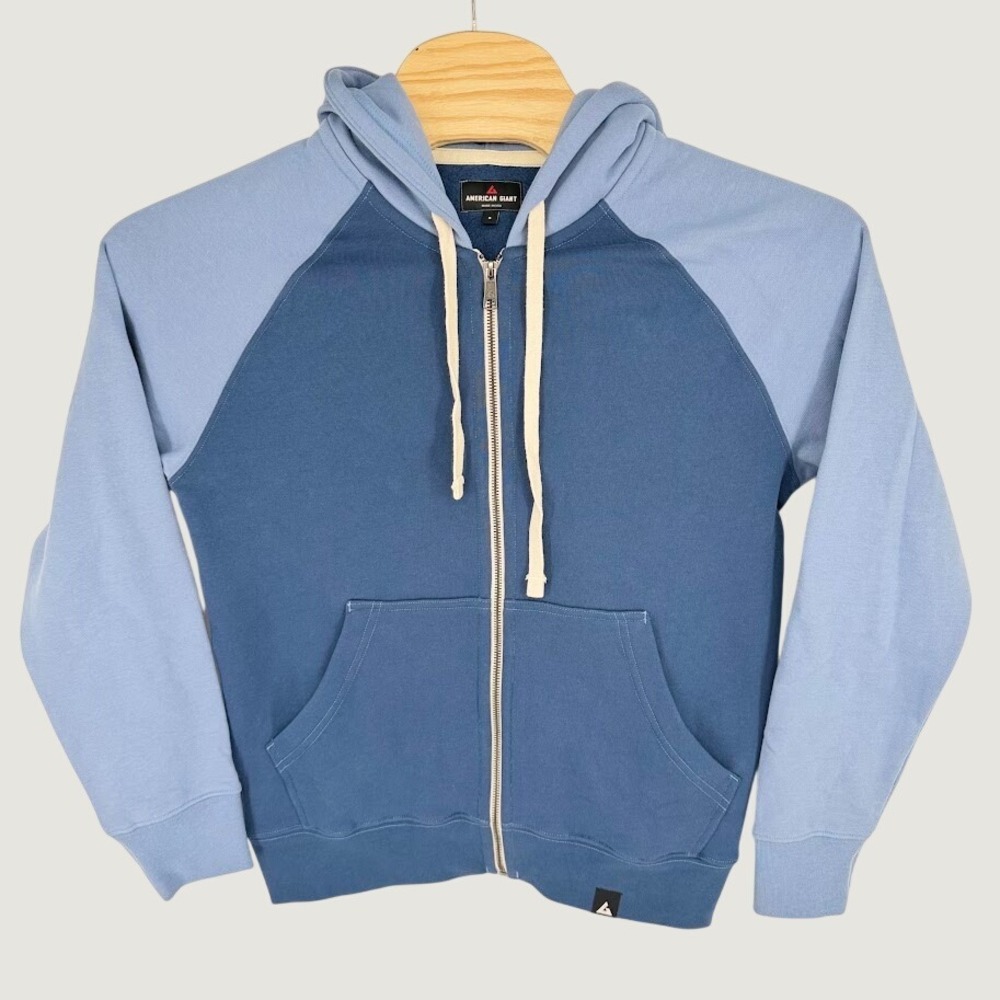 American Giant Raglan Colorblock Midweight Full Zip Hoodie Men S Blue Fleece